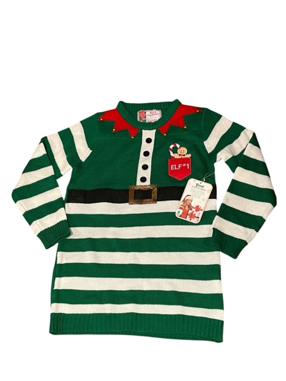 NEW Womens Large Christmas Sweater Dress or long Sweater Santas Elf Green Stripe